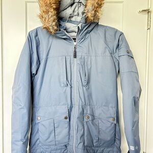 Youth Sky Blue ski Jacket with Faux Fur Hood